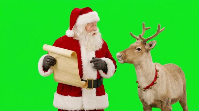 Santa Claus reading a long scroll list with a reindeer standing beside him on green screen background