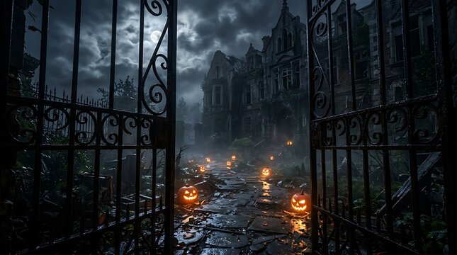 Spooky carved pumpkins glowing bright orange along a dark foggy pathway leading to an abandoned gothic manor house under a full moon in midnight sky