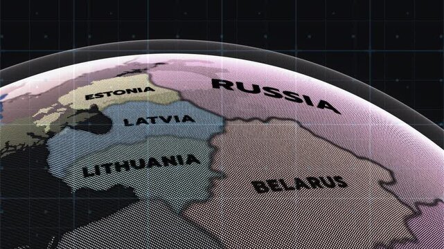 A stylized 3D digital map of the Baltic region showing Estonia, Latvia, Lithuania, Russia, and Belarus.