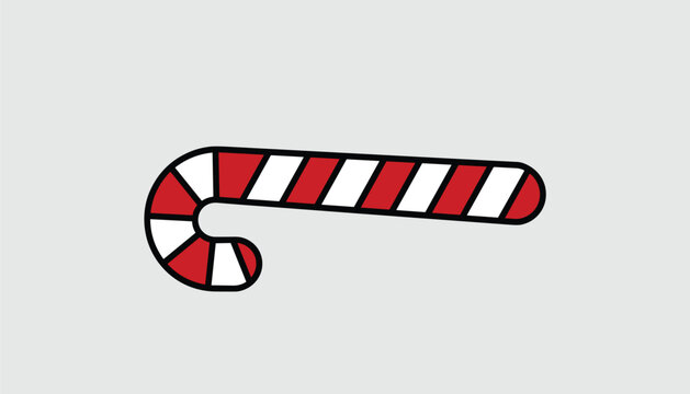 A festive red and white candy cane with diagonal stripes lying horizontally on a light grey background.