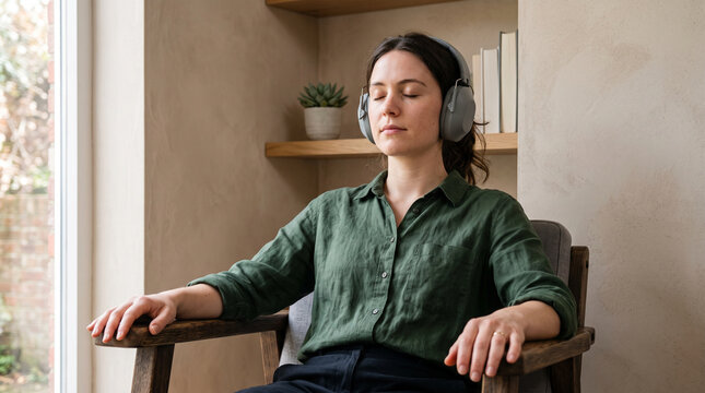 Office worker resting with ear defenders in a quiet room