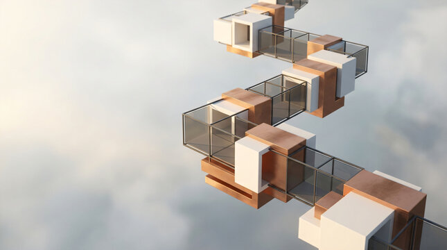 Abstract blockchain technology concept | Futuristic 3D geometric architectural design | Modern connectivity and data flow illustration | Minimalist copper and glass cube structure