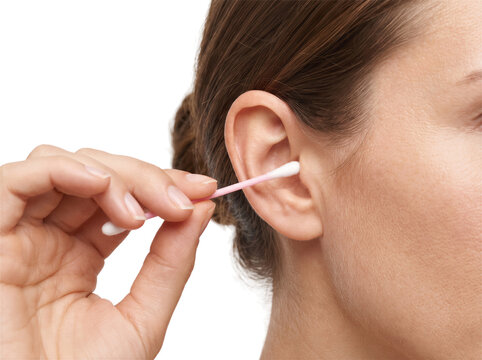 Woman cleaning her ear with cotton swab in close up isolated on white or transparent background.