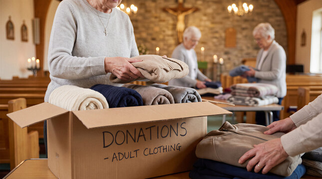 Senior church volunteers sorting donated clothing into charity boxes during community donation drive.
