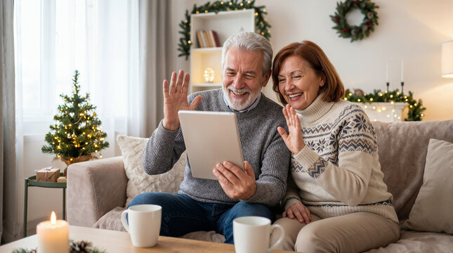 Happy senior couple waving during christmas video call on tablet in cozy decorated living room.
