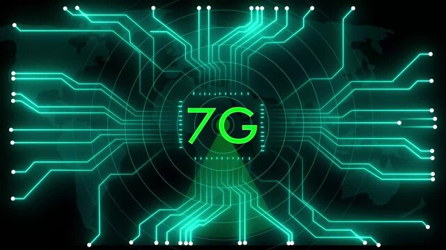 Glowing 7 g network lines connecting digital data points on a dark abstract background , Futuristic 7 G network visualizes digital data, Glowing lines and circuits enhance global connectivity