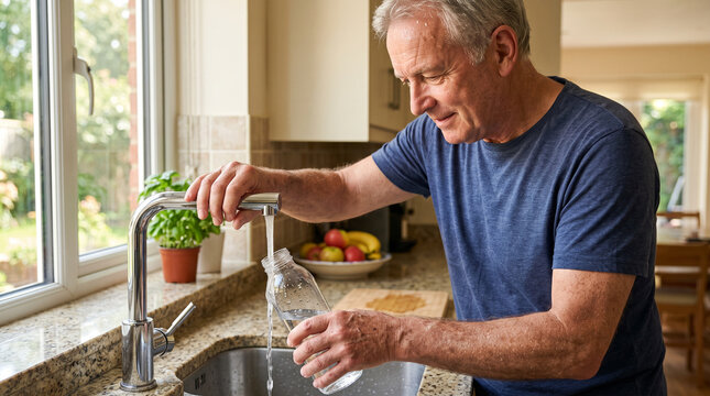 Older man refilling a water bottle during a heatwave