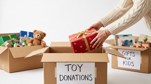 Volunteer placing wrapped christmas present into toy donation box for children charity drive with assorted gifts.