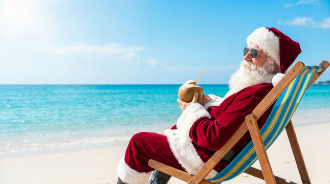 Santa Claus relaxing on tropical beach in deck chair with coconut drink and sunny ocean view with copy space for christmas holiday concept.