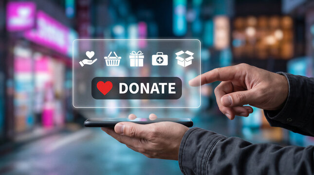 Person using smartphone to make digital charity donation through online giving interface in city background at night.