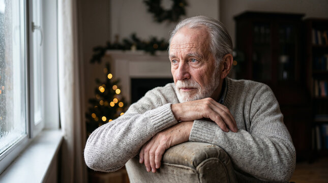 Melancholy senior man sitting alone and looking through window beside christmas decorations in quiet home interior.