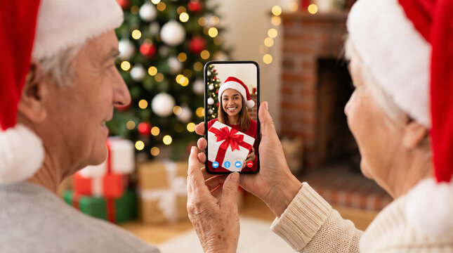Older couple wearing santa hats making christmas video call with her daughter holding festive gift on screen.