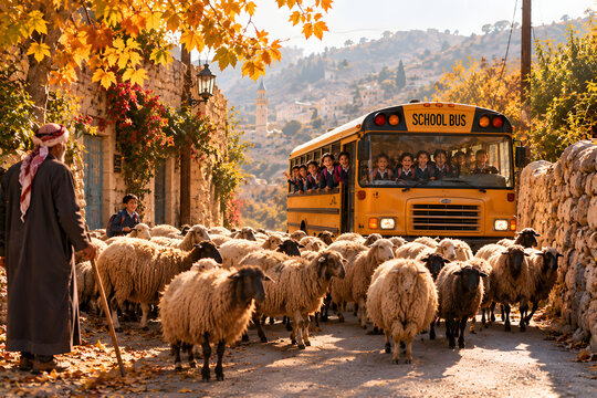 Sheep Blocking Road As School Bus Waits Patiently
