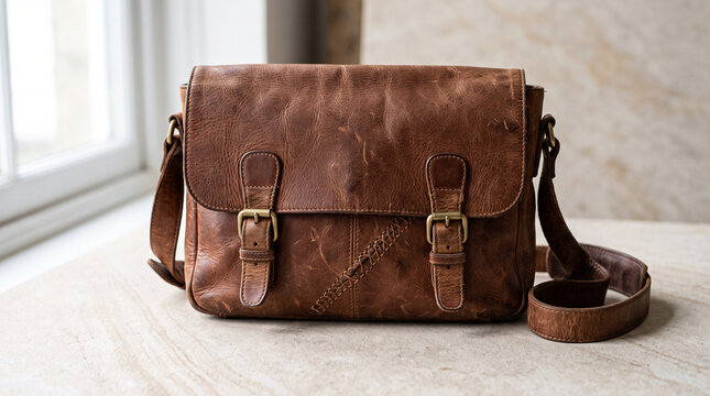Repaired leather bag with visible hand stitching
