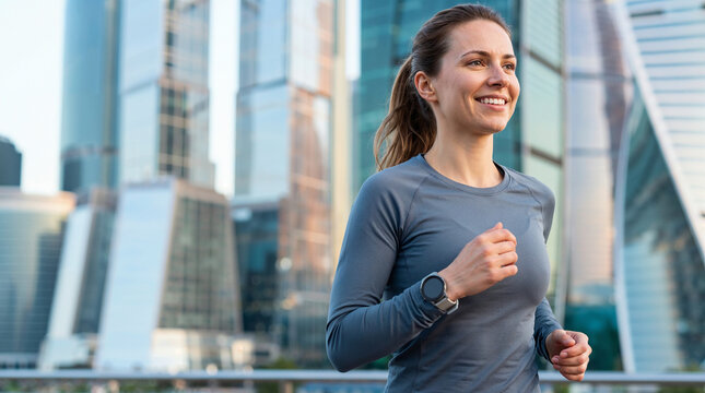 Athletic woman jogging through modern city district wearing smartwatch during outdoor fitness training, with copy space.