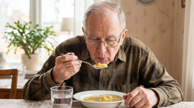 Senior man eating warm vegetable soup alone at dining table in comfortable home interior for winter lifestyle scene.