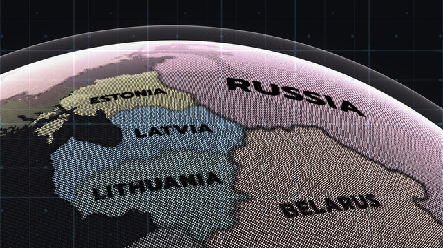 A stylized 3D digital map of the Baltic region showing Estonia, Latvia, Lithuania, Russia, and Belarus.