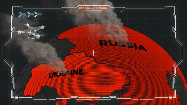 a digital globe focusing on Russia and Ukraine, russia map, ukraine map, explosion, smoke, Drone,