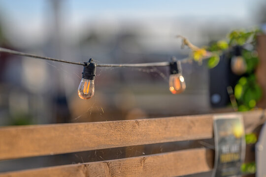 Outdoor filament string lights hanging above rustic wooden fence.