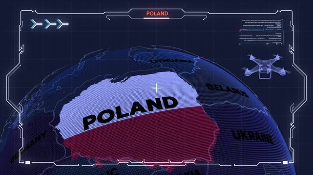 This is a digitally rendered map of Eastern Europe, focusing on POLAND, Poland map, Poland flag, Drone