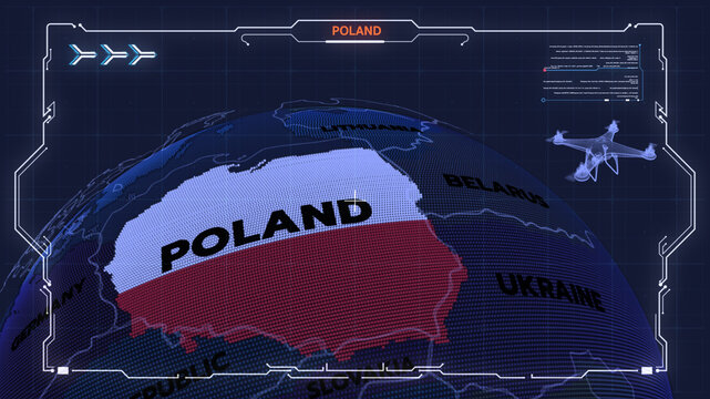 This is a digitally rendered map of Eastern Europe, focusing on POLAND, Poland map, Poland flag, Drone