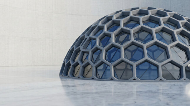 Futuristic geodesic dome architecture | Hexagonal honeycomb structure design | Minimalist 3D architectural rendering | Contemporary glass and concrete pavilion