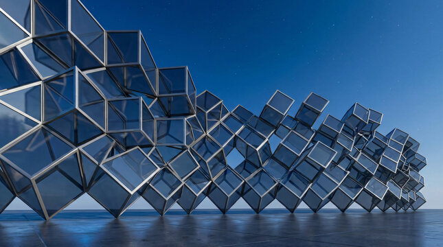 Modern geometric glass cube architecture | Contemporary steel and glass sculpture at night | Abstract urban design with blue night sky background | Futuristic modular building facade concept