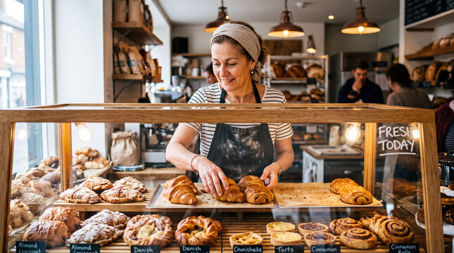 Baker arranges fresh pastries inside a wooden display case at a rustic local bakery shop for customers.