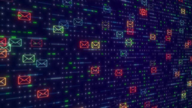 Abstract Digital Background Featuring Numerous Glowing Neon Envelope Icons Floating In A Dark Void Representing Electronic Communication And Data Transfer Concepts With A Dynamic Rhythmic Motion And V
