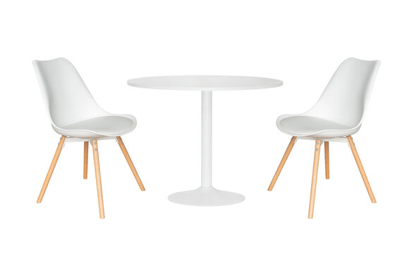 White round dining table with two chairs isolated on white background
