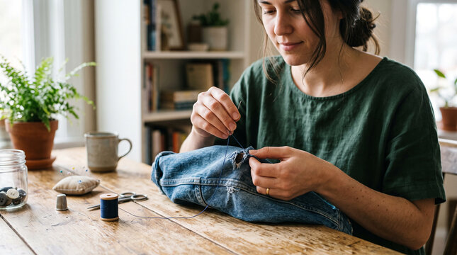 Woman mending a torn jacket sleeve at home
