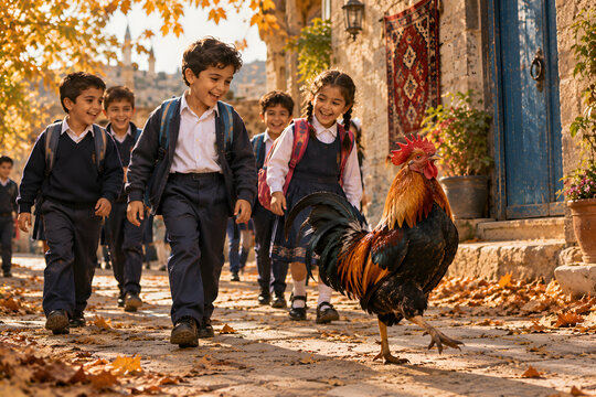 Rooster Proudly Strutting Alongside Schoolchildren