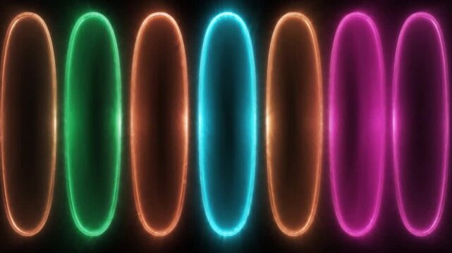Glowing vertical oval shapes flickering with vibrant neon colors in this dynamic abstract background motion graphic video loop for projects