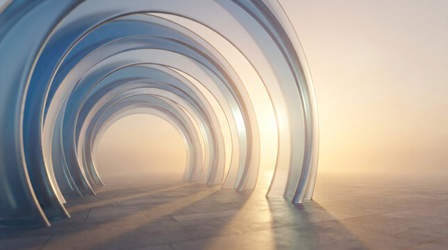 futuristic abstract architecture glass tunnel | minimal glass arches background sunrise | modern conceptual 3D render blue glass structure | sleek translucent archway design with soft lighting