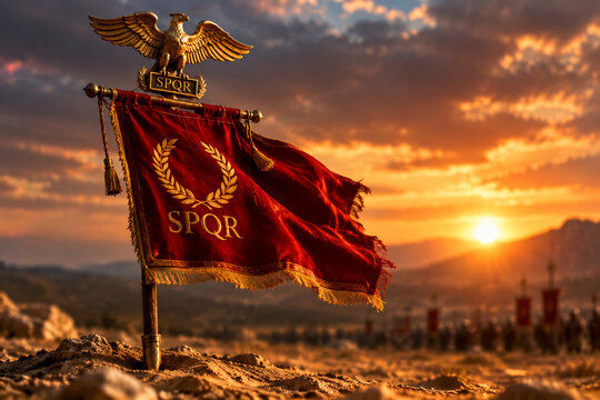 A red Roman legionary standard with a golden eagle planted in sandy soil.