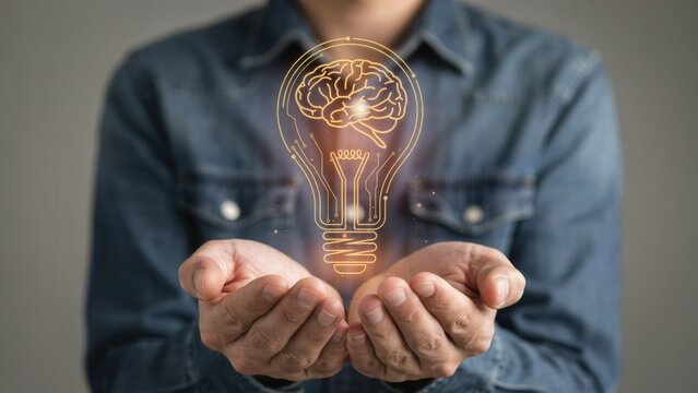 Human hands holding glowing digital light bulb icon with integrated brain representing innovative creative thinking and bright futuristic business intelligence concepts