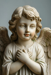 Obraz premium Spirituality and peace cherub angel statue with hands on chest for religious faith hope and divine protection in a serene memorial garden setting
