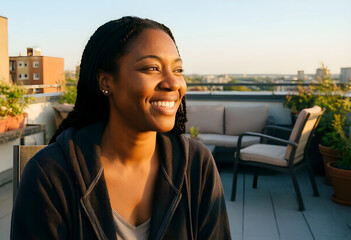 Obraz premium Work-life balance and mental wellness, happy woman relaxing on urban rooftop terrace at sunset enjoying peaceful moment of mindfulness and freedom
