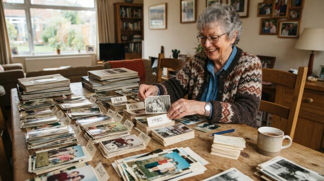 Smiling Senior Woman Organizing Old Family Photographs and Memories at Home