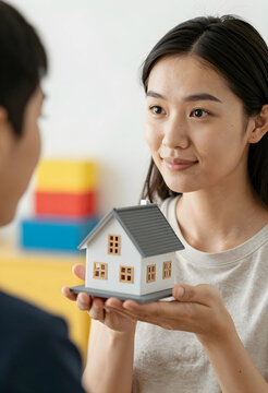 Home ownership and real estate investment, young woman holding a model house during a consultation with a financial advisor or property agent
