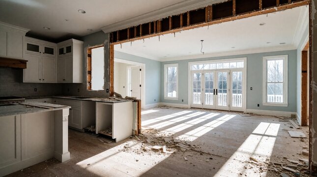 Home undergoing major renovation. Interior walls removed creating open concept living area and kitchen. Construction debris lit by natural sunlight streaming through French doors.