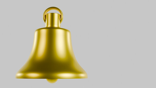 Minimalist front-facing 3D render of a shiny golden notification bell centered on a clean grey background with copy space. Modern communication and alert symbol asset.