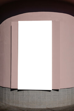 White vertical rectangular billboard hanging on building wall outdoors