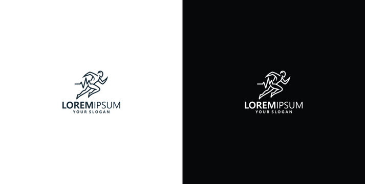 Running man letter R logo template with minimalist line art style for sports fitness dynamic brand