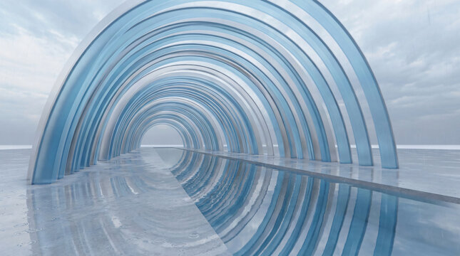 Futuristic glass arch walkway with water reflection | Minimalist architectural concept with blue rings | Surreal outdoor corridor under cloudy sky | Modern 3D render of abstract architecture