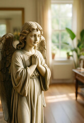 Obraz premium Spirituality and faith stone angel statue with hands in prayer for peace hope and religious devotion in a bright home interior with soft sunlight