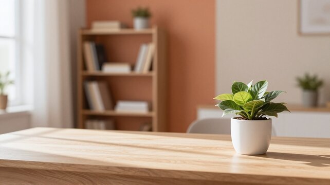 A cozy room with a wooden table and a potted plant in the foreground