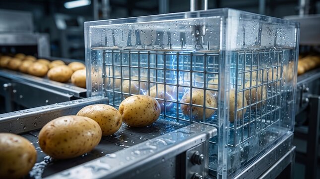 Industrial potato processing with pulsed electric field technology on conveyor belt, electroporation optimizes raw produce cellular structure, high voltage electric discharge treats washed root vegetables inside a transparent condensation covered chamber with metal electrode grid, stainless steel machinery drives continuous automated manufacturing in smart food factories, non thermal cell membrane disruption enables gentler cutting and uniform chip manufacturing, electric arcs ignite visible blue energy bolts across wet tubers, modern agricultural technology transforms raw harvest into engineered nutritional commodities, the industrial symbiosis of bioengineering and mechanical automation serves as a metaphor for human control over natural growth, clean manufacturing hall provides sterile processing conditions, moist droplets cling to acrylic inspection covers, technological precision replaces traditional thermal softening techniques to save water and energy, automated sorting lines streamline mass supply chain requirements, innovative electroporation advances sustainable production economics, AI-generated, AI generated
