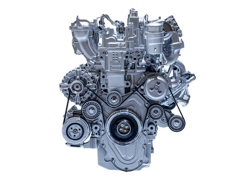 Complete car engine assembly isolated against a white background, with pulleys, belts and other mechanical components visible.