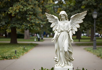 Obraz premium Spirituality and peace concept, stone angel statue in a public park, religious monument and memorial sculpture in a serene garden setting during autumn